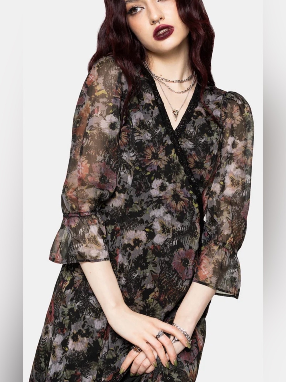 Disturbia Mortua Grunge Floral Wrap Dress NWOT Skeleton print Size 12 / 14
